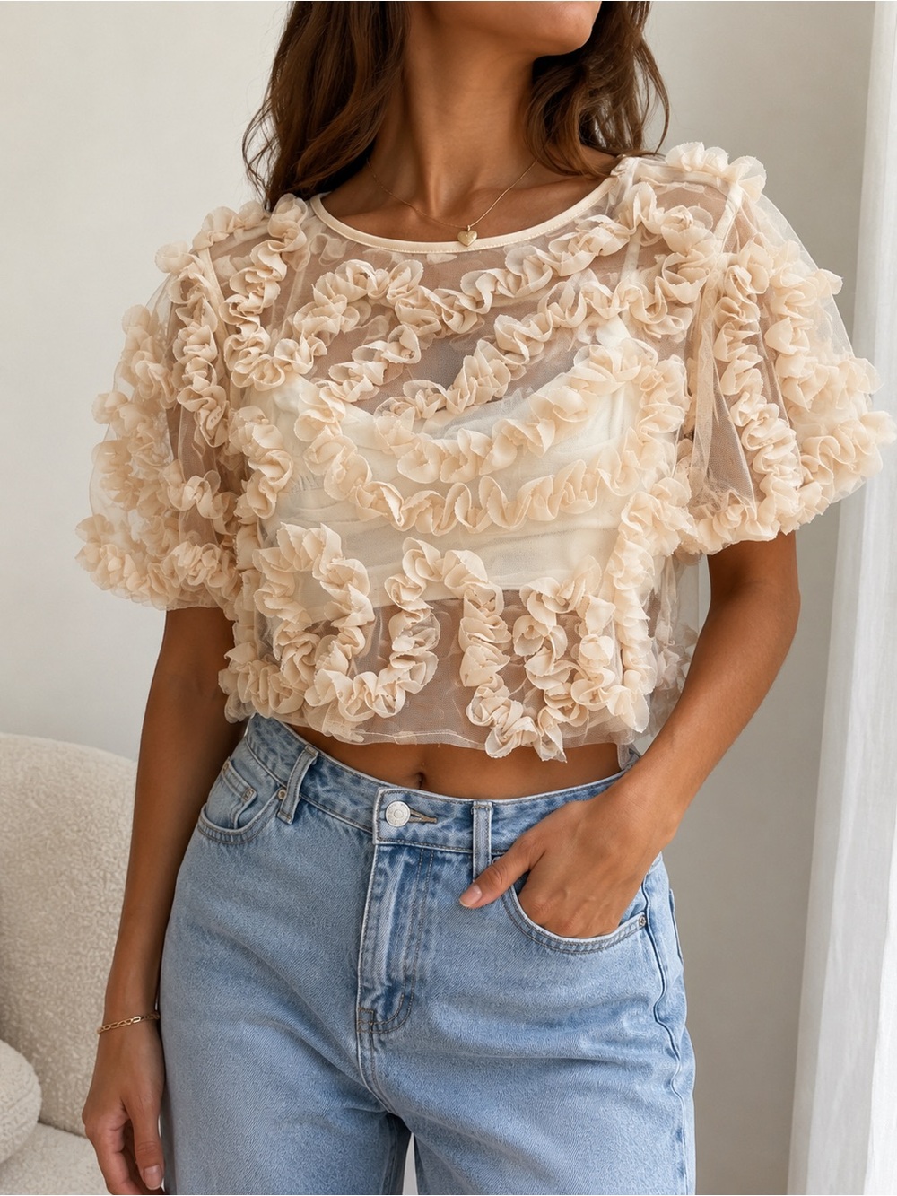 Zara Cream Ruffle Sheer Crop Top